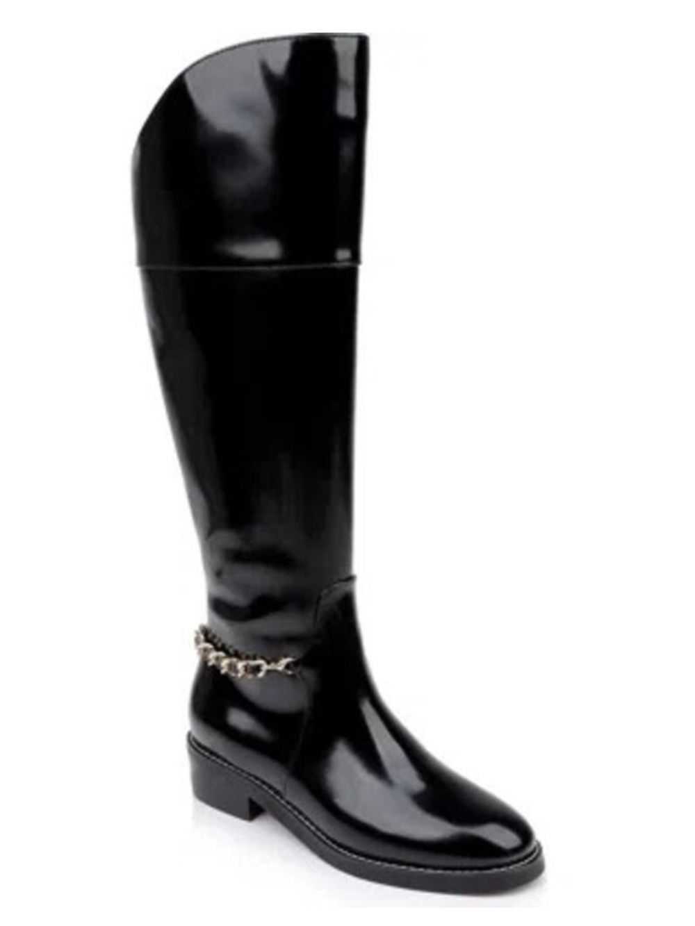 L'AGENCE Eulalie II Black Leather Knee-High Boots with Gold Chain Acce